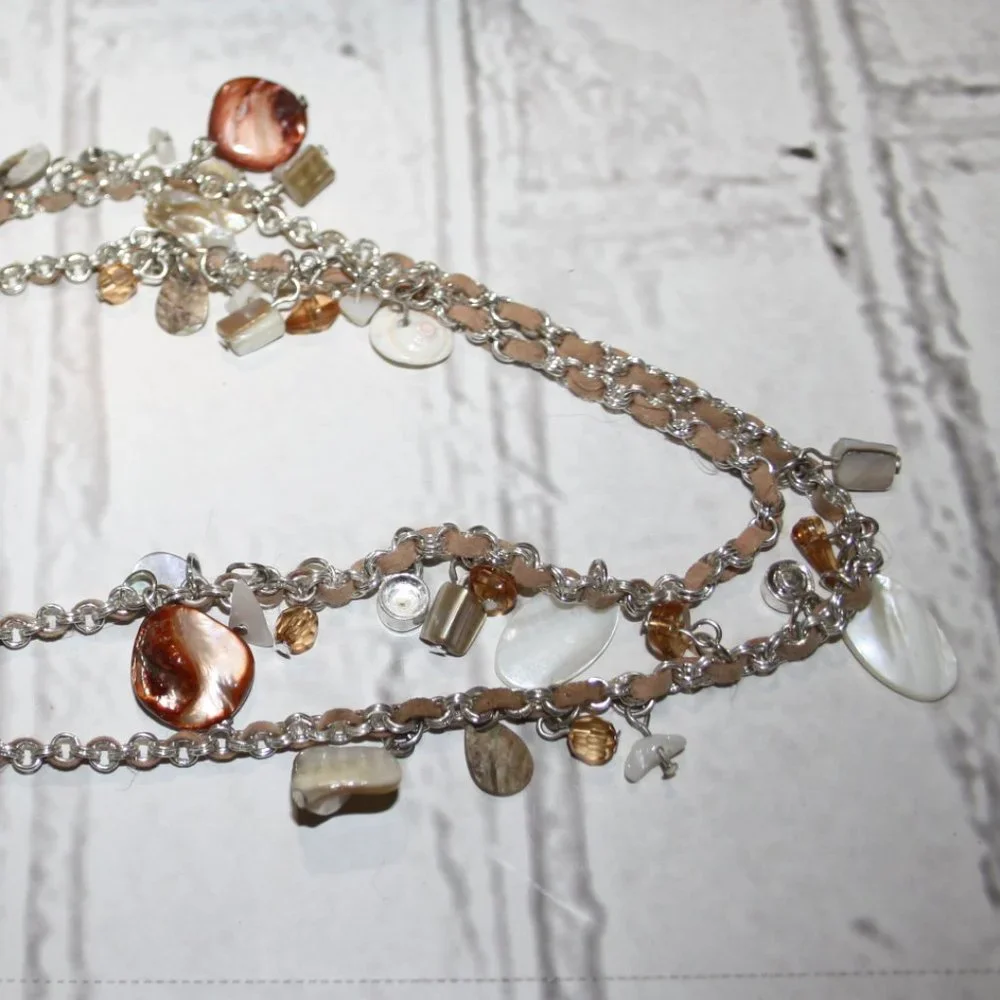 🐚 Silver, Peach & Shell Charm Necklace · 36” Statement Length